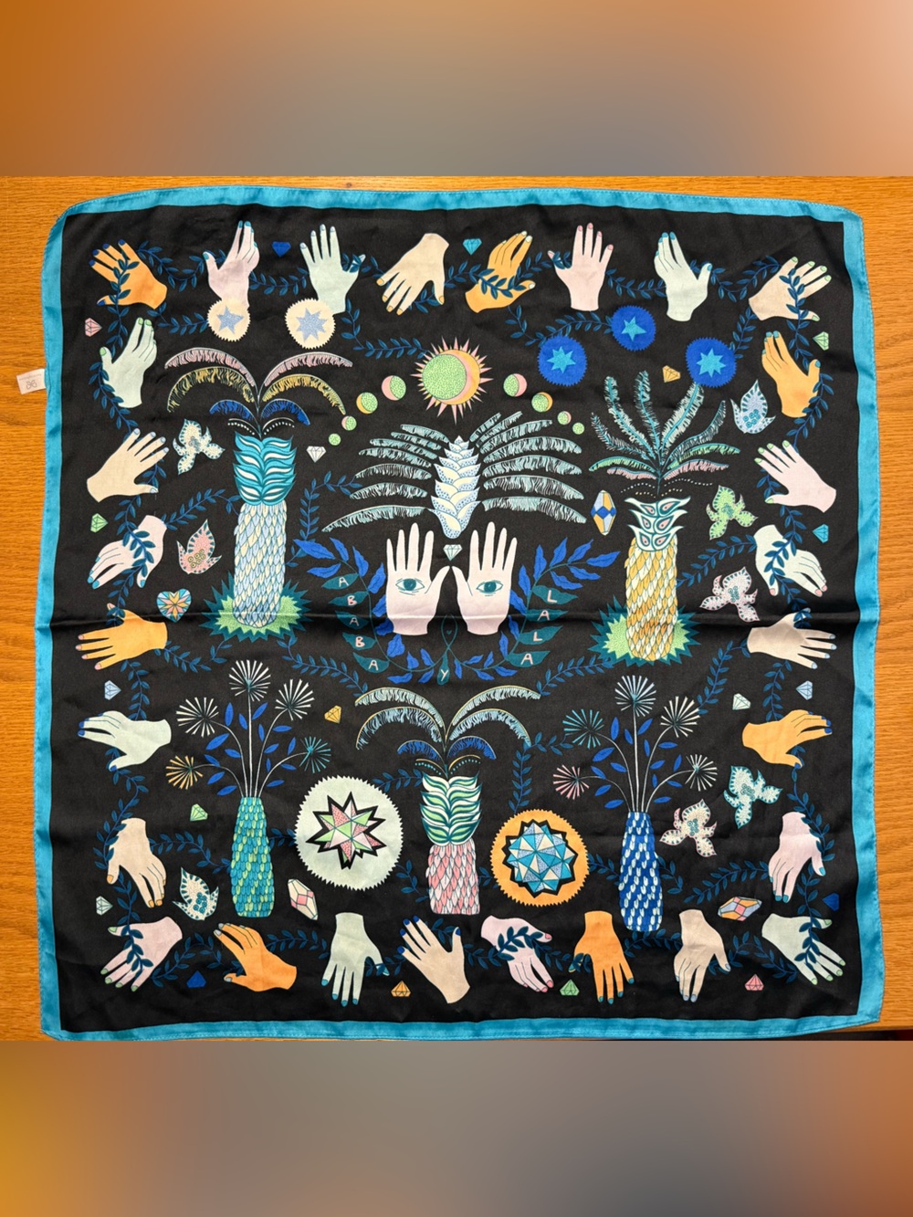 Black Botanical & Hand Motif Silk-Look Scarf with Teal Border